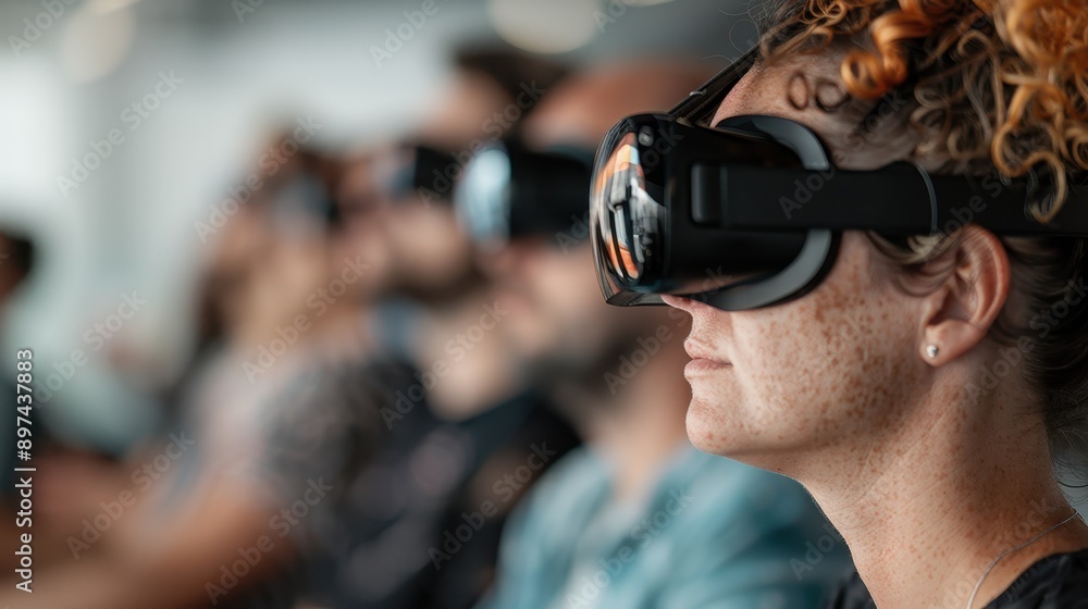 A group of people engaging in an immersive experience using virtual reality headsets, focused on a learning environment, possibly a classroom or workshop setting. A group of people engaging in an immersive experience using virtual reality headsets, focused on a learning environment, possibly a classroom or workshop setting.