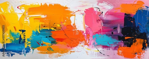 An abstract expressionist painting with bold colors and energetic brushstrokes.