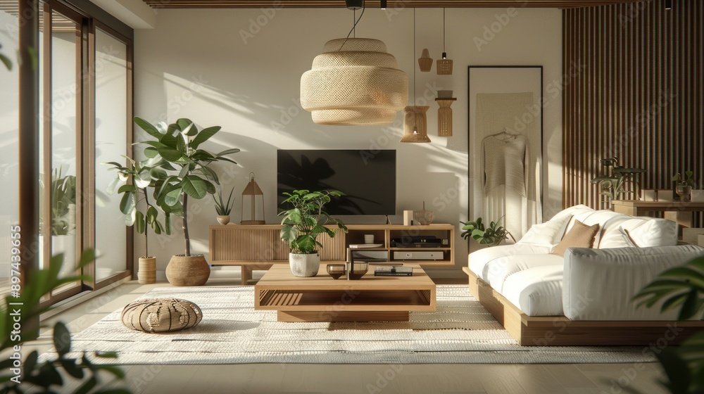 Fototapeta premium A living room with a white couch, a coffee table, and a television