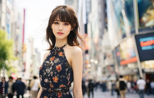 close up portrait of young pretty Asian woman walking in city street,