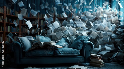 A cozy blue couch is amidst chaos with hundreds of books flying around in a library, symbolizing an explosion of knowledge and the endless pursuit of learning.