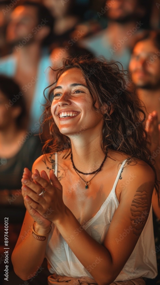A joyful woman with curly hair, tattoos, and a white top claps and smiles at a music event. The image exudes shared enthusiasm and connection in a vibrant festival setting. A joyful woman with curly hair, tattoos, and a white top claps and smiles at a music event. The image exudes shared enthusiasm and connection in a vibrant festival setting.