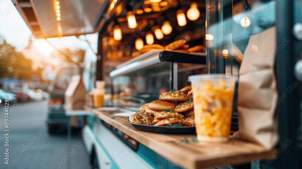Fototapeta premium A vibrant food truck setting with freshly cooked street food items on display, ready to be served to customers in an urban outdoor environment, highlighting a meal on the go experience.