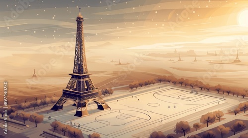 Surreal sunset view of Eiffel Tower beside a snow-covered sports field, blending romance and winter wonderland charm. photo