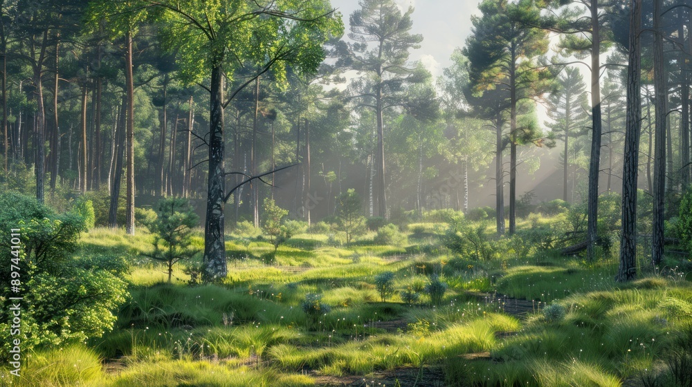 Obraz premium Sunbeams Through the Forest