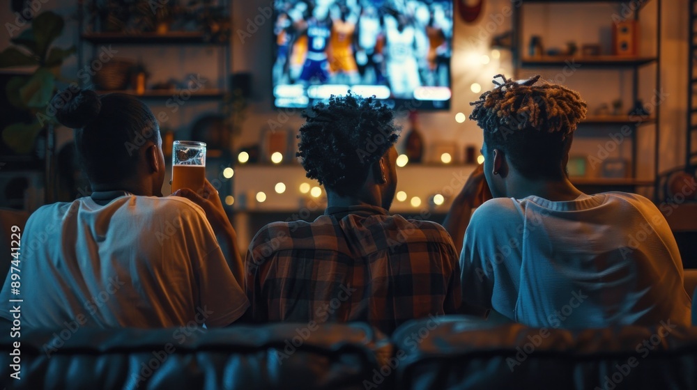 A group of friends watch football at their favorite team's big game and drink beer. Watching a live broadcast on TV with a group of friends at home. A group of friends watch football at their favorite team's big game and drink beer. Watching a live broadcast on TV with a group of friends at home.