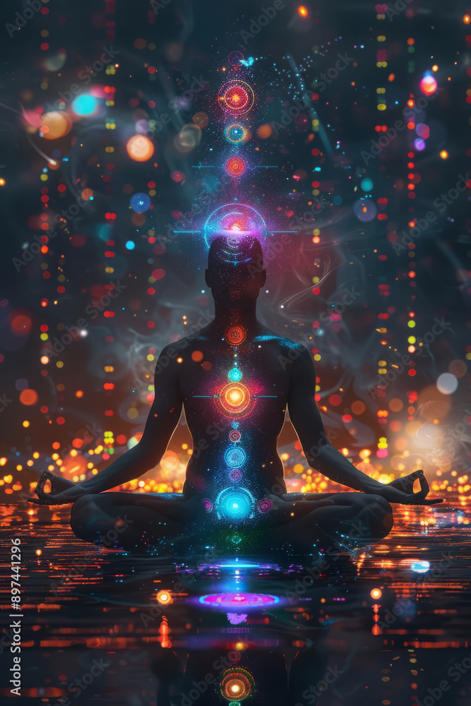 Silhouette of person meditating at night with glowing seven chakras ...