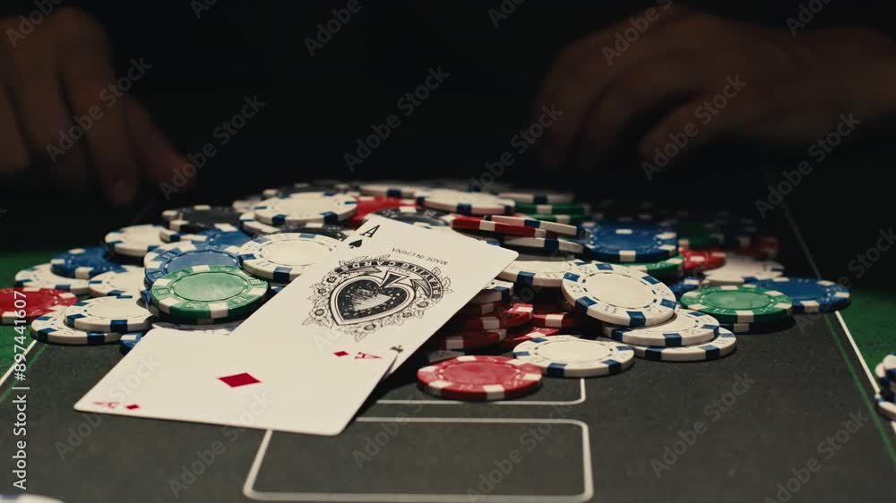 Game of poker in casino, taking place with poker chips and cards on a green table, gambling place, roulette jack pot. Game of poker in casino, taking place with poker chips and cards on a green table, gambling place, roulette jack pot.