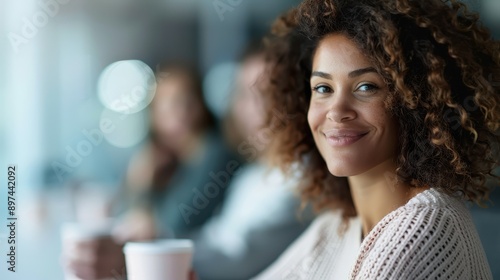 A professional woman with curly hair smiles invitingly as she holds a cup of coffee, engaging in a casual meeting setting with colleagues in a modern, brightly lit office space. photo