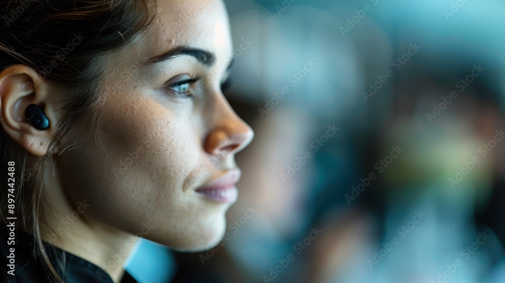 A person uses a wireless earbud while working in a bustling, modern office setting, remaining connected and engaged in tasks or conversations amidst the lively atmosphere. A person uses a wireless earbud while working in a bustling, modern office setting, remaining connected and engaged in tasks or conversations amidst the lively atmosphere.