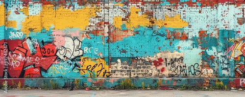A weathered brick wall covered in graffiti, its vibrant colors and bold messages adding a layer of urban art to the landscape.