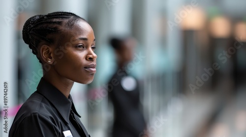 A woman in a security uniform gazes wistfully into the distance indoors, her faraway look suggesting contemplation, responsibility, and a modern sense of duty.