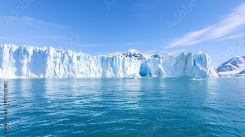 Glacier calving into the ocean, climate change effect, melting ice masses