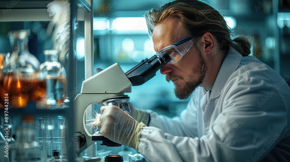 Advanced Avian Flu Research: Scientist Examining Chicken Feather Under Microscope in High-Resolution Lab Setting Advanced Avian Flu Research: Scientist Examining Chicken Feather Under Microscope in High-Resolution Lab Setting
