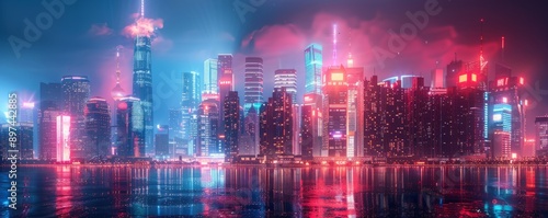 Dynamic cityscape with neon lights and skyscrapers, 4K hyperrealistic photo