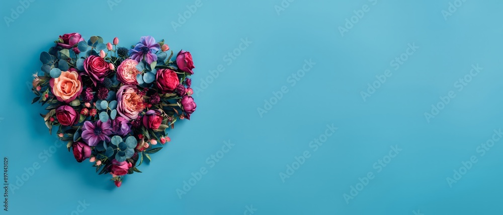 Heart-Shaped Flower Arrangement - A vibrant heart-shaped flower arrangement against a blue background, perfect for romantic and floral-themed projects. Heart-Shaped Flower Arrangement - A vibrant heart-shaped flower arrangement against a blue background, perfect for romantic and floral-themed projects.