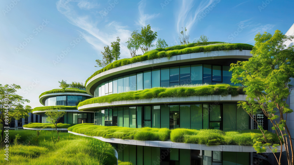 Office campus with extensive green spaces and renewable energy, workplace sustainability, eco friendly design Office campus with extensive green spaces and renewable energy, workplace sustainability, eco friendly design