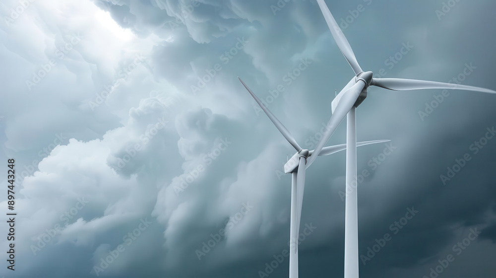 Fototapeta premium Wind turbines against a stormy sky, renewable energy amidst climate challenges, sustainable power generation