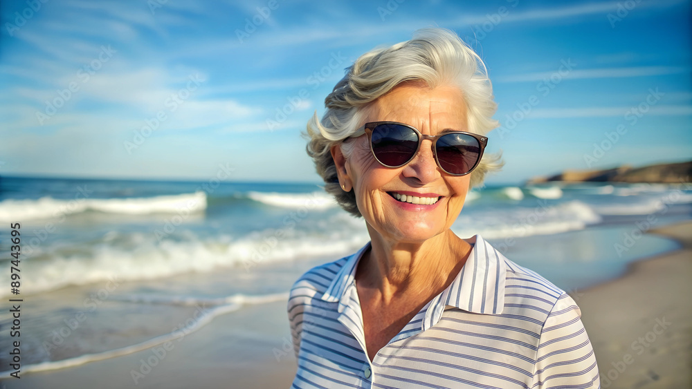 Happy Senior Woman in Sunglasses at Beach, Sunny Day, Enjoying Retirement Happy Senior Woman in Sunglasses at Beach, Sunny Day, Enjoying Retirement