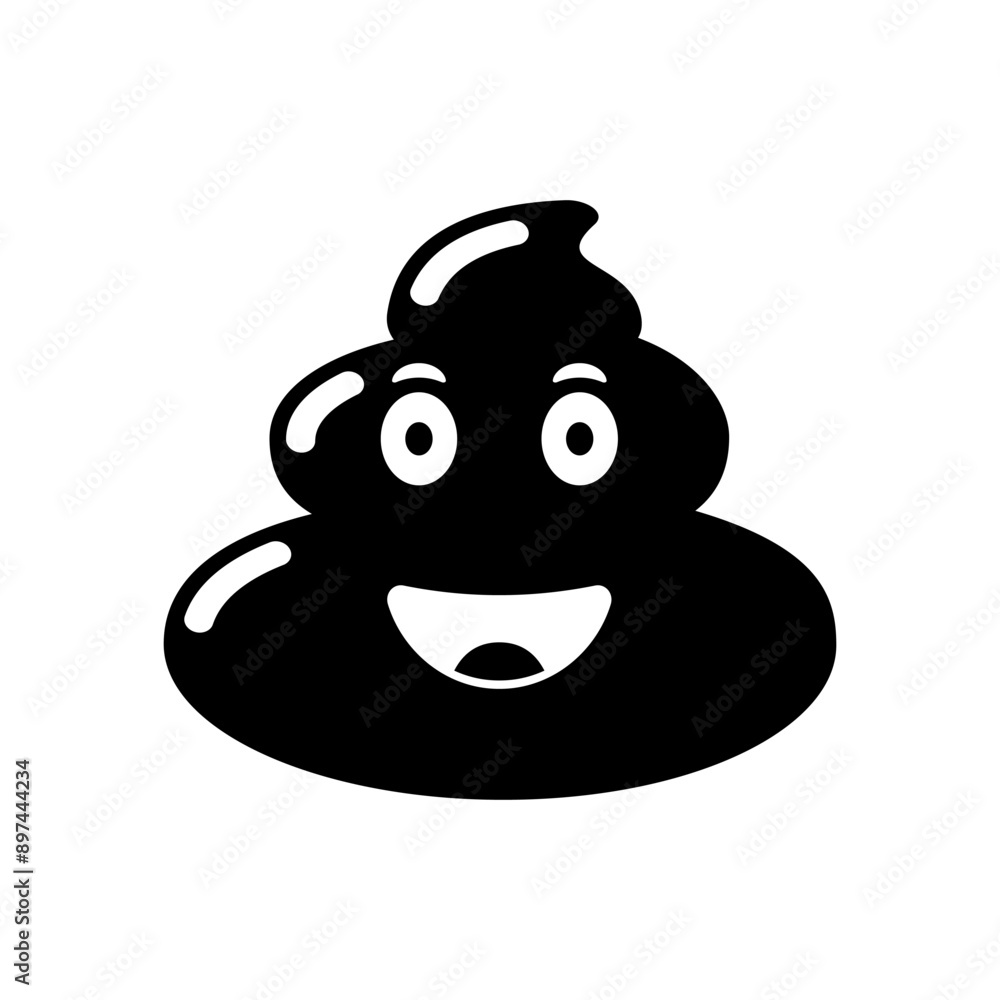 Shit face, black icon. Silhouette poop, with a smile on face. Brown dung with eye and mouth. Emoji from app. Vector illustration flat design. Isolated on white background. Shit face, black icon. Silhouette poop, with a smile on face. Brown dung with eye and mouth. Emoji from app. Vector illustration flat design. Isolated on white background.