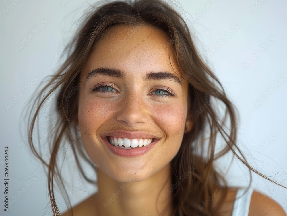A businesswoman in delight, beaming while reviewing a successful report in a modern office with a blank background, closeup shot, bright lighting A businesswoman in delight, beaming while reviewing a successful report in a modern office with a blank background, closeup shot, bright lighting