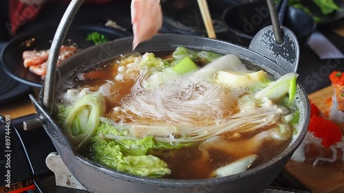 Woman using chopsticks to pick up sliced pork and put it into boiling pot, Shabu shabu hotpot style in Japanese restaurant. enjoy eating Shabu Shabu and Sukiyaki in hot pot at japanese restaurant.