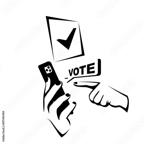 Online voting concept. Vector illustration isometric design style. A man holds a smartphone in his hand. Make your choice. Bulletin, puts in ballot box. Election vote. Politics poll.