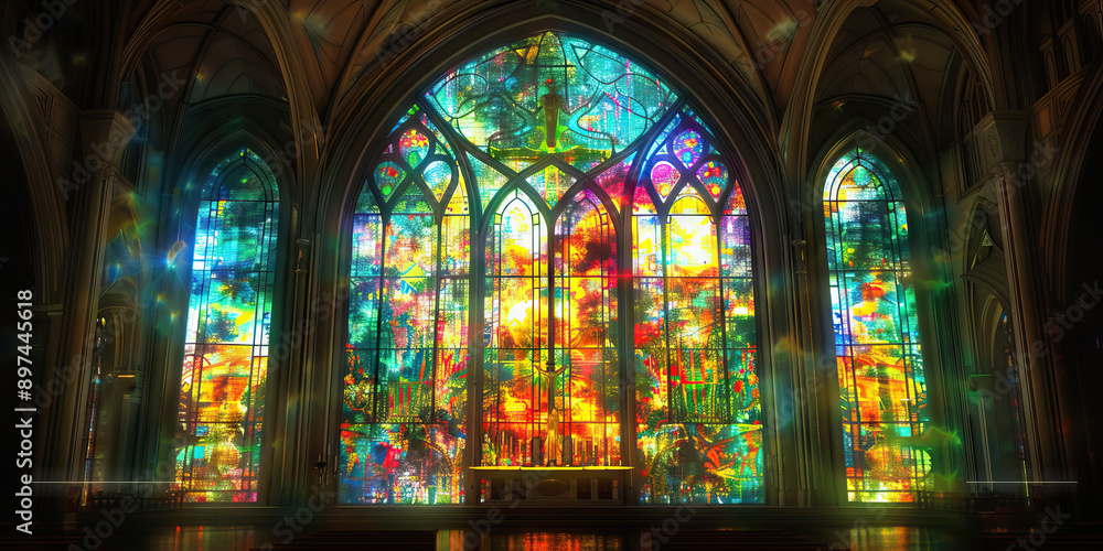 Obraz premium Grand Architect's Canvas: An intricately painted stained-glass window, adorning the wall of a dimly lit church sanctuary