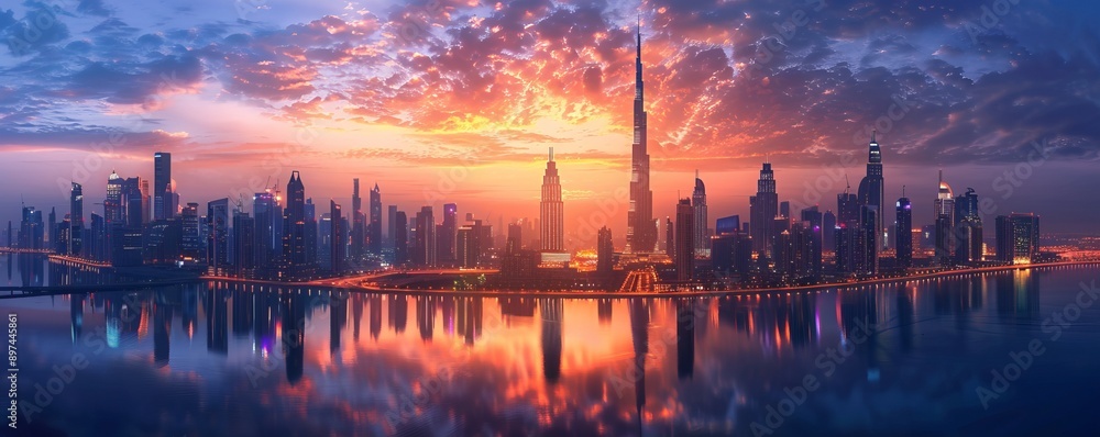 Dynamic city skyline at twilight, 4K hyperrealistic photo Dynamic city skyline at twilight, 4K hyperrealistic photo