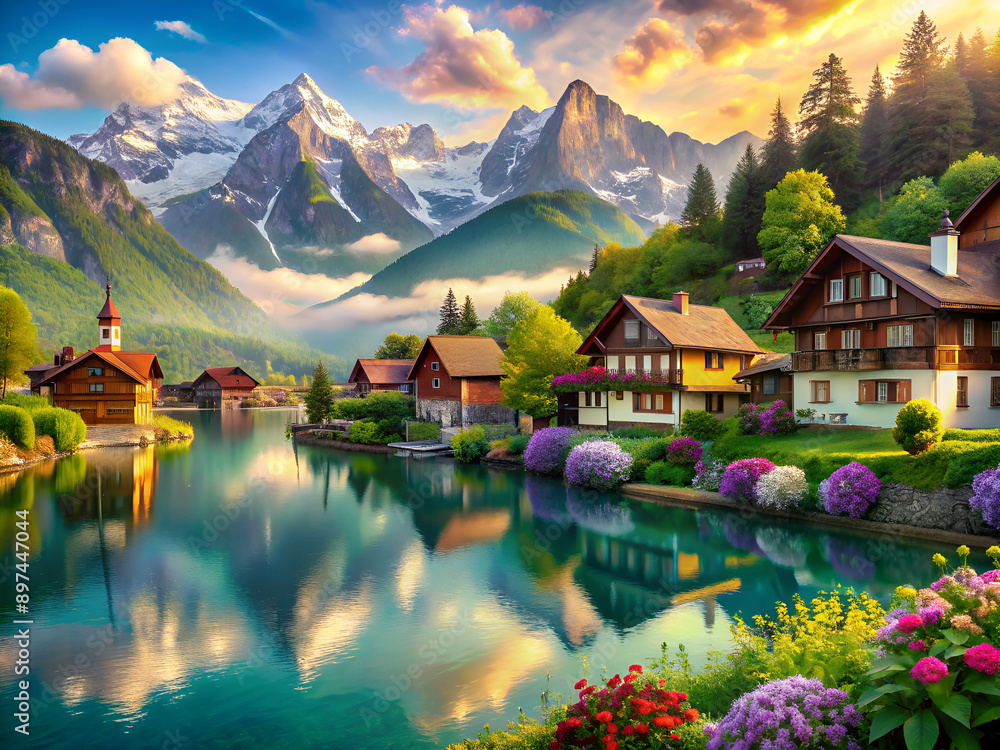 Fototapeta premium A serene lake surrounded by mountains and houses, blending into natural beauty