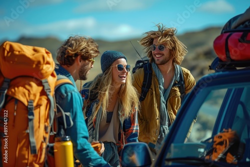 Vibrant Road Trip Scene: Friends Loading Car and Smiling