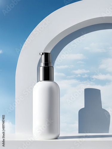 White unbranded dispenser bottle on white podium against blue sky and white arch background. Skin care product presentation. Trendy showcase photo