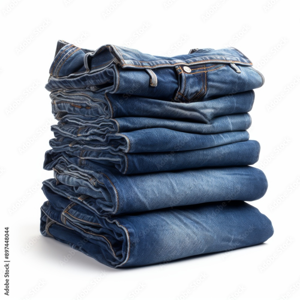 stack of various shades of blue jeans on white background stack of various shades of blue jeans on white background