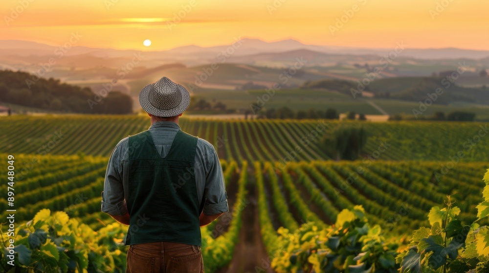 Fototapeta premium Farmer Overlooking Vineyard at Sunset.