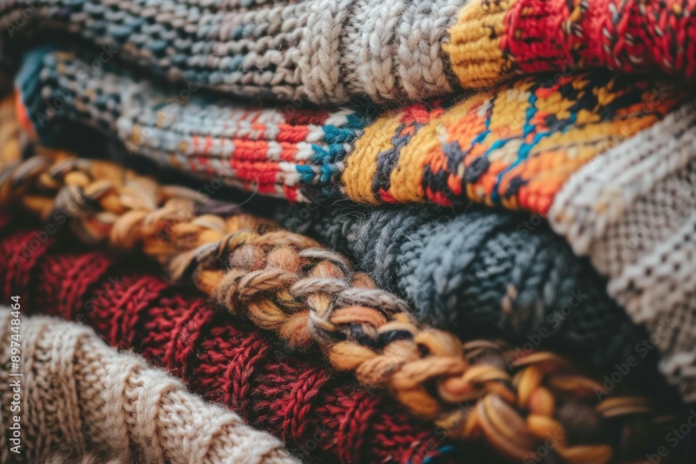 Pile of warm and colorful knitted sweaters creating a cozy atmosphere Pile of warm and colorful knitted sweaters creating a cozy atmosphere