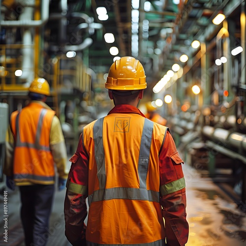 Workers in safety gear and high-visibility vests navigate an industrial facility, highlighting safety and teamwork in a manufacturing environment ideal for themes of workplace safety, industry