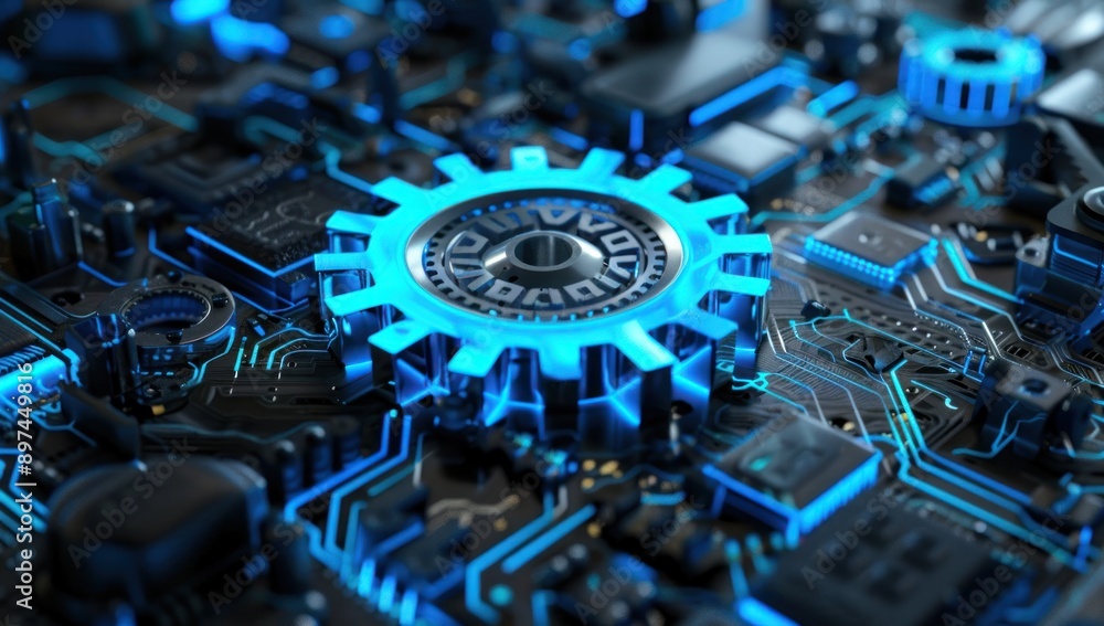 Glowing Blue Gear on a Circuit Board Glowing Blue Gear on a Circuit Board