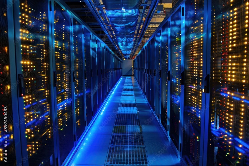 Supercomputer server room data center showing powerful computing technology Supercomputer server room data center showing powerful computing technology