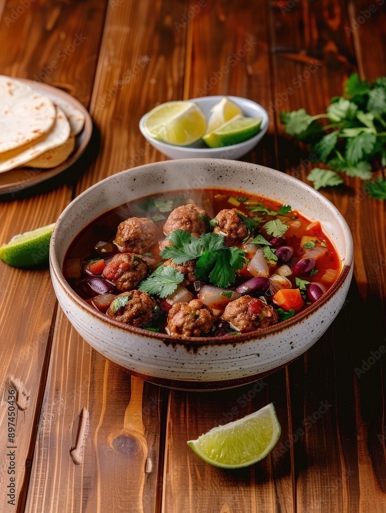 Traditional Mexican Albondigas Soup with Fresh Ingredients on Wooden Table Setting Traditional Mexican Albondigas Soup with Fresh Ingredients on Wooden Table Setting