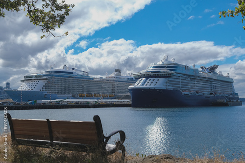 Modern Celebrity family cruiseships cruise ship ocean liners in port of Seattle, Washington State docked at terminal before Alaska summer cruising on sunny day