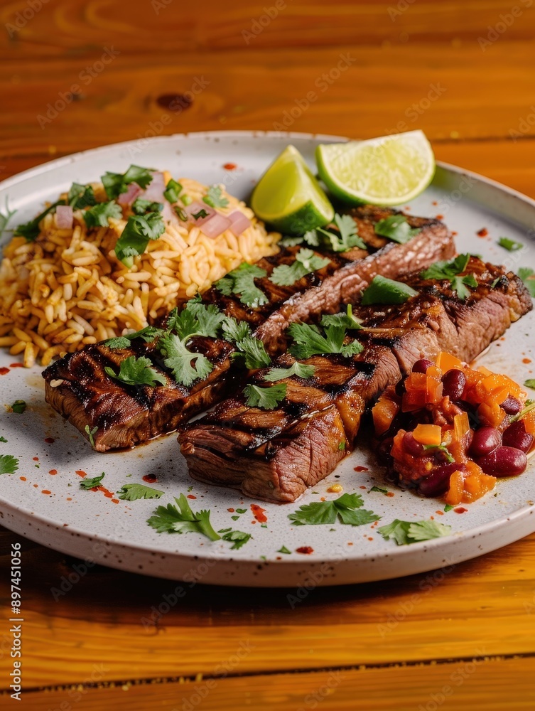 Succulent Mexican Carne Asada Dish on Wooden Table - Detailed Close-Up Shot with Grilled Steak, Rice, Beans, Cilantro, Lime - Elegant Food Presentation with Vibrant Colors and Textures Succulent Mexican Carne Asada Dish on Wooden Table - Detailed Close-Up Shot with Grilled Steak, Rice, Beans, Cilantro, Lime - Elegant Food Presentation with Vibrant Colors and Textures