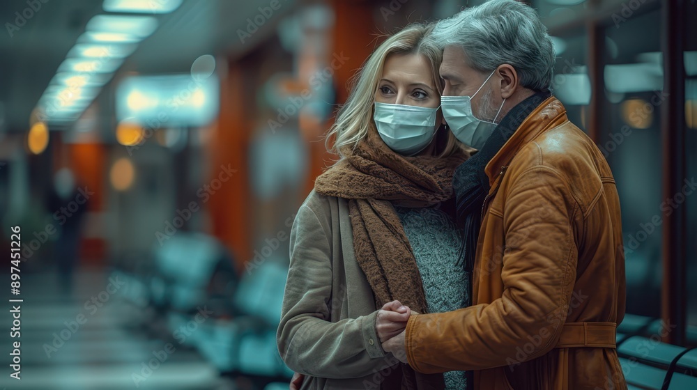 Seniors Wearing Masks and Holding Hands in Hospital Lobby - Ultra-Realistic Digital Illustration Capturing Every Detail Seniors Wearing Masks and Holding Hands in Hospital Lobby - Ultra-Realistic Digital Illustration Capturing Every Detail