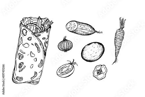 Vegetables doodle set, hand drawn illustration on white background. Shawarma, twister, burrito sketch.