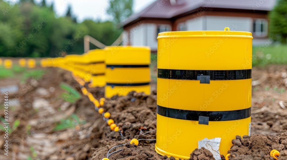 Close-up of a baiting system setup for termite treatment near a house, visible chemical barrier application, copy space for text Close-up of a baiting system setup for termite treatment near a house, visible chemical barrier application, copy space for text