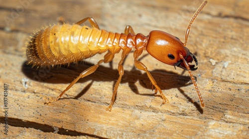 High-contrast photo of a single drywood termite worker painstakingly chewing away at a wooden beam, casting a long shadow in the dim light, focus on the intricate details of the termite and its work, photo