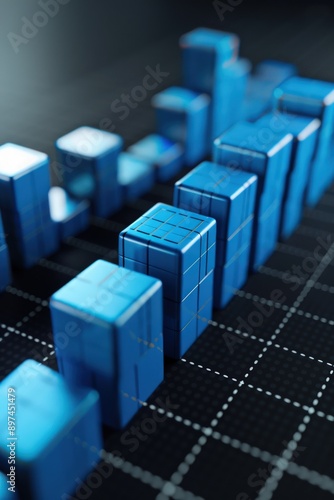 Close-up of 3D blue blocks in a rising stock market graph, representing business growth on a black backdrop.