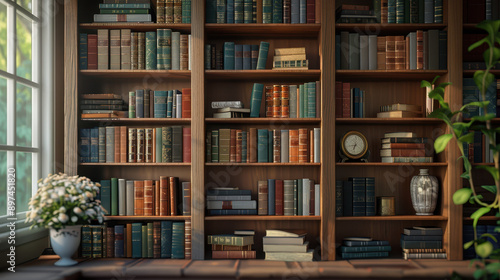 Stylish home office interior featuring potted plants and a wooden bookshelf filled with books, creating a cozy and productive atmosphere..