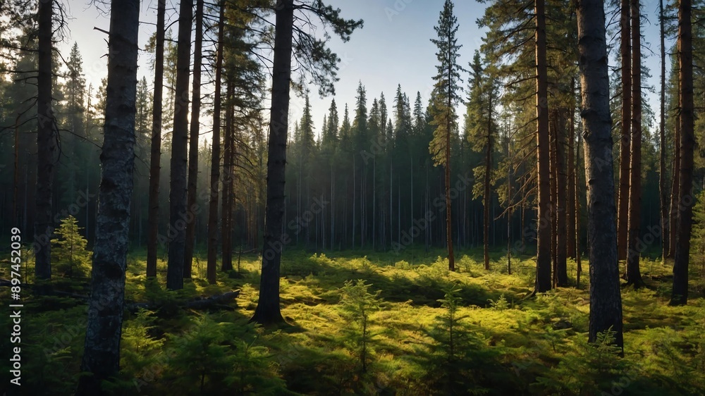 Naklejka premium cinematic view of a boreal forest photography for back background