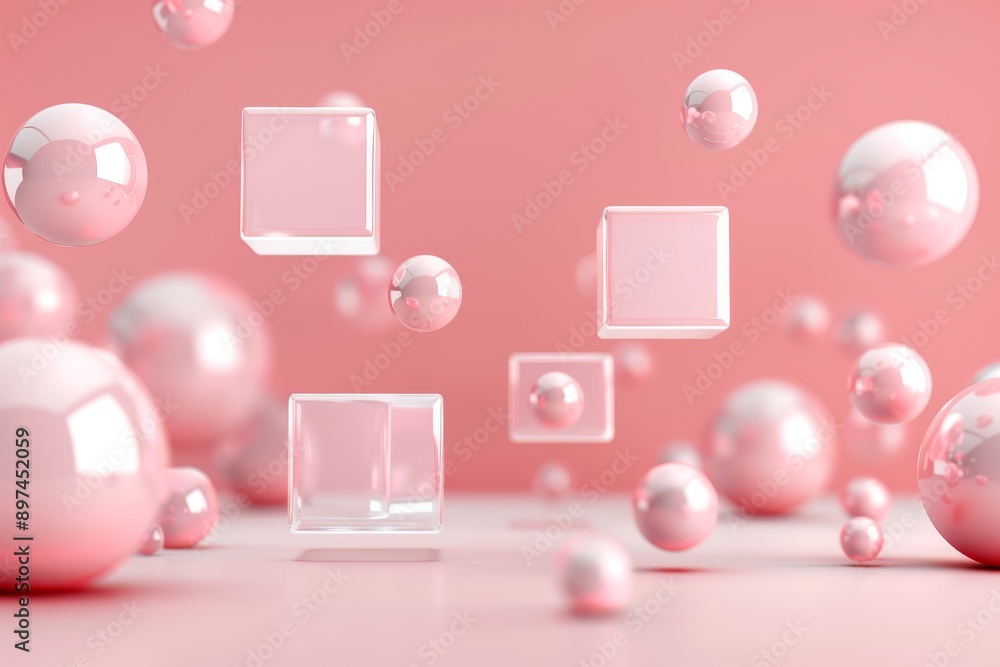 Floating translucent cubes and spheres arranged in a harmonious pattern, abstract minimalist composition with soft shadows, copy space for text Floating translucent cubes and spheres arranged in a harmonious pattern, abstract minimalist composition with soft shadows, copy space for text