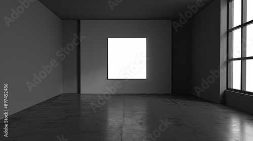 Mockup image of a modern empty room with an empty frame on a smooth, matte black wall